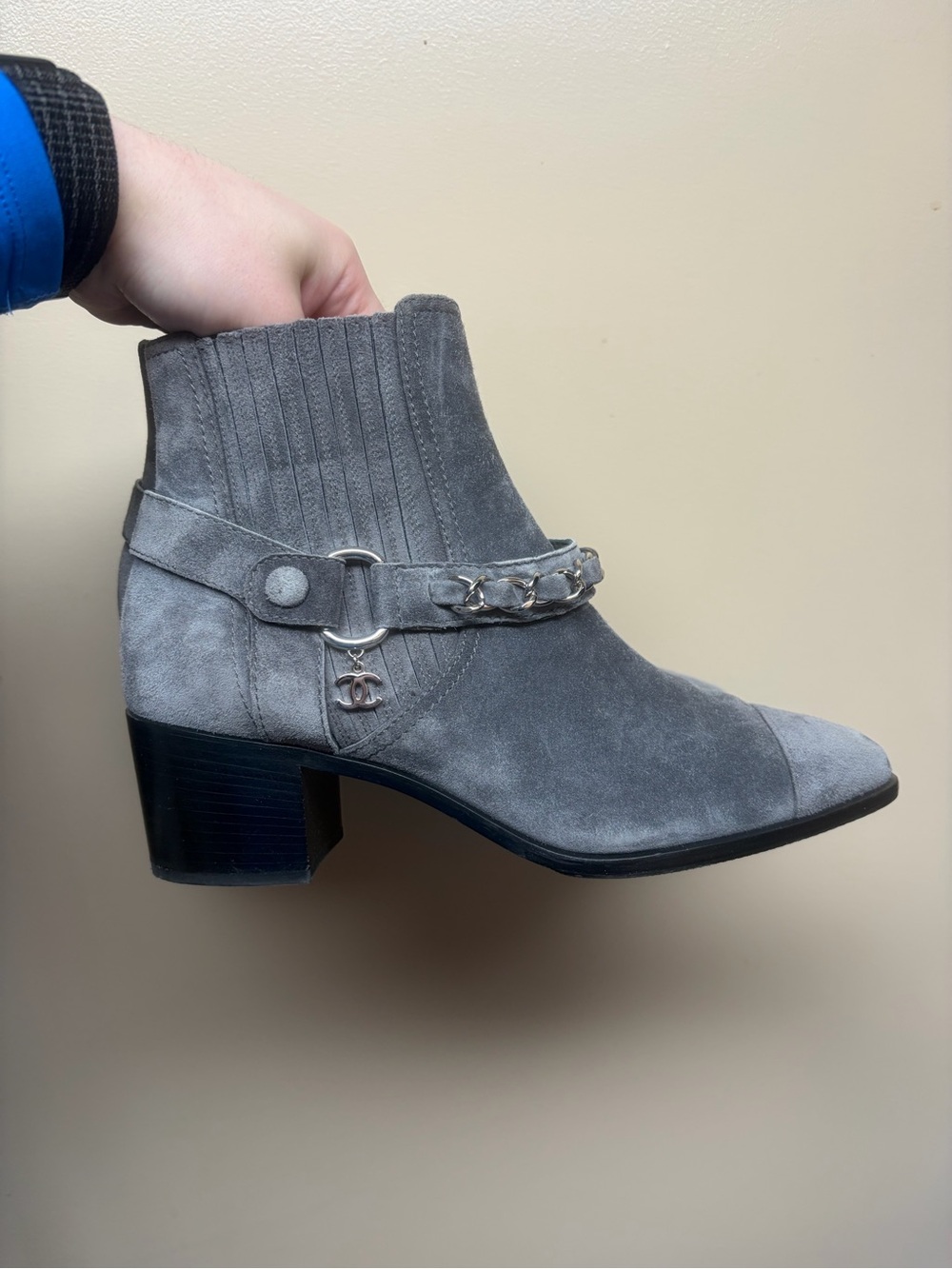 CHANEL Gray Suede Chain-Trim Ankle Boots